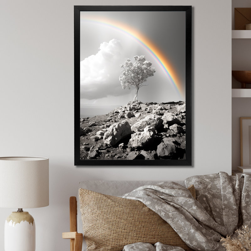 " Orange Rainbow Monotone Landscape ", 44" H x 34" W x 1.5" D, Black Picture Framed