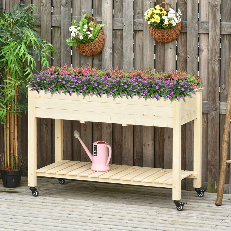 Lit surélevé pour jardin, 47 po x 22 po x 33 po, jardinière en bois surélevée avec roues verrouillables, tablette de rangement et doublure de lit pour cour, patio, naturel