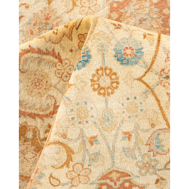Tapis unique en laine beige / ivoire / bleu 6 pi 3 po x 9 pi Mogul