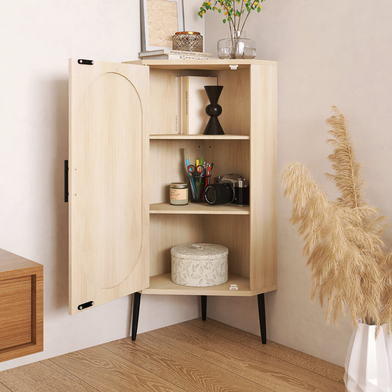 Corner Floor Accent Cabinet With Rattan Door