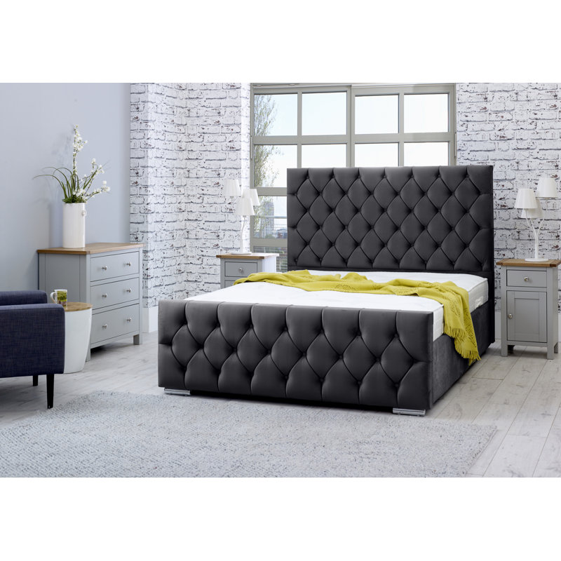Katara Upholstered Velvet Sleigh Bed, Double (4'6), Steel