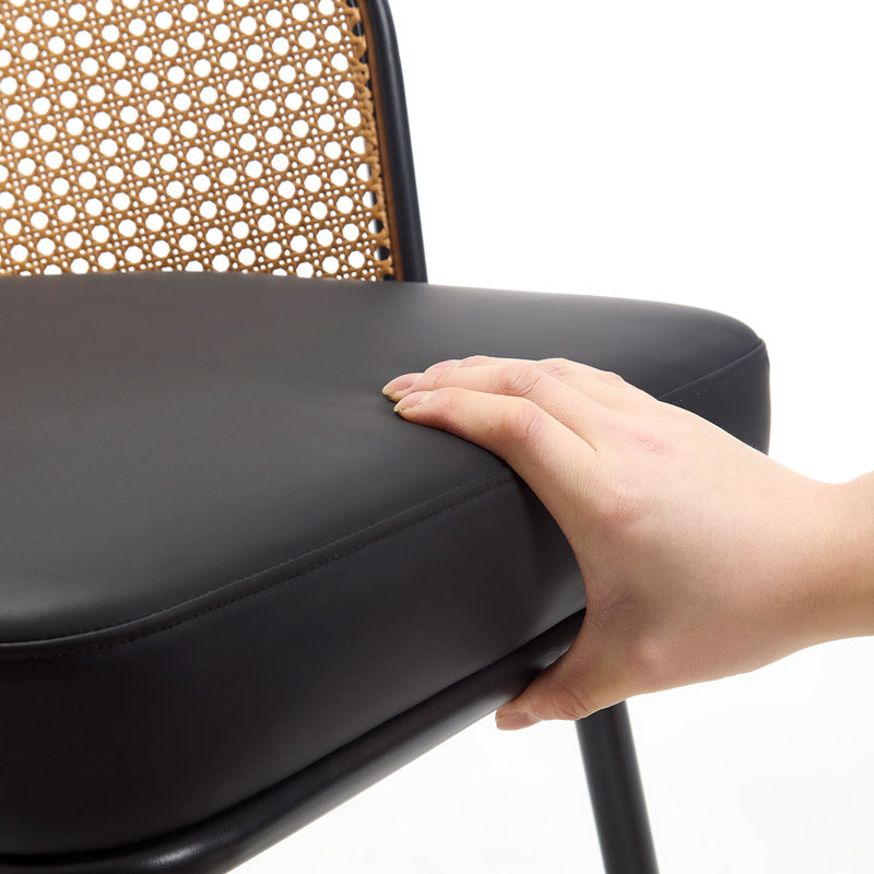 19.3" H PU Leather Fabric Upholstered Modern Dining Chairs With Cane Back and Black Metal Frame, Black, 2