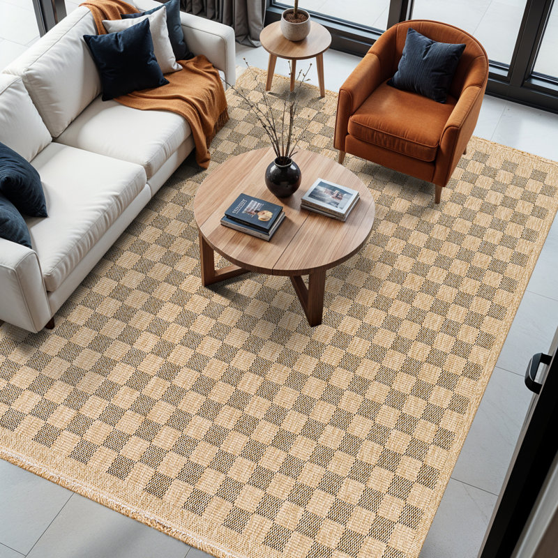 Outdoor Jute-Look Checkered Rug Tan/Black_MGE2311, Rectangle 200 x 275 cm