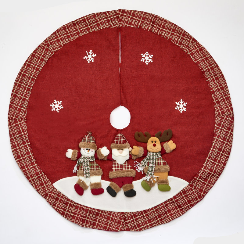 48" Red Plaid Christmas Tree Skirt with Embroidered Characters