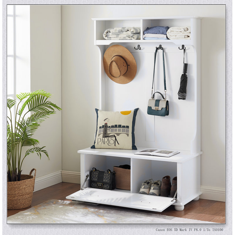 Arbre d'entrée moderne avec porte-chaussures, banc et crochets pour le rangement et l'organisation du vestibule, Blanc