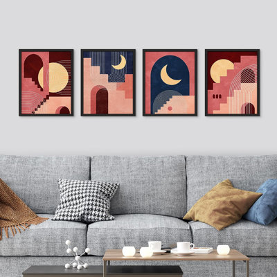 Croissant de lune Mid-Century, reproduction géométrique encadrée de 4 pièces