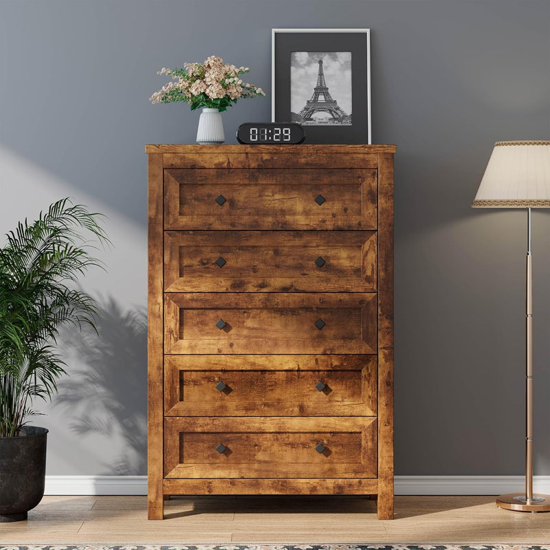 Commode haute 5 tiroirs Devion Farmhouse, Brun rustique