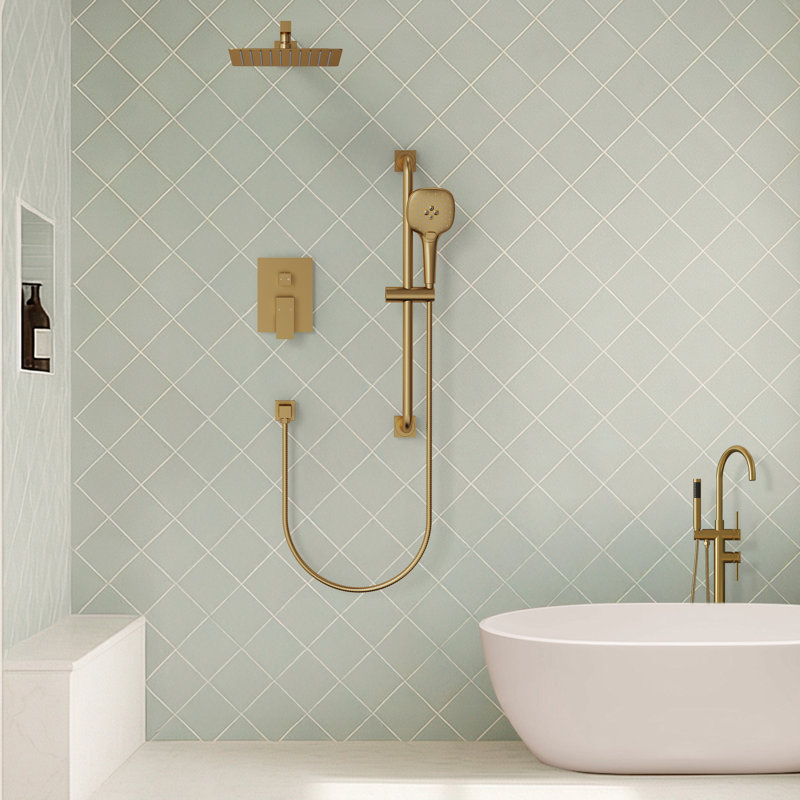  Système de douche à pression équilibrée, robinet de douche à pluie de 10 pouces avec douche à main à 3 fonctions, Or brossé