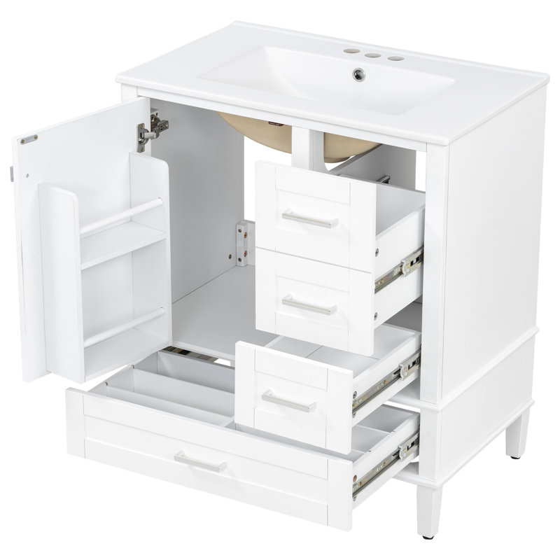 Meuble-lavabo de 30 po de largeur, poignées en alliage de zinc, tablettes à double porte, lavabo anti-taches, Blanc