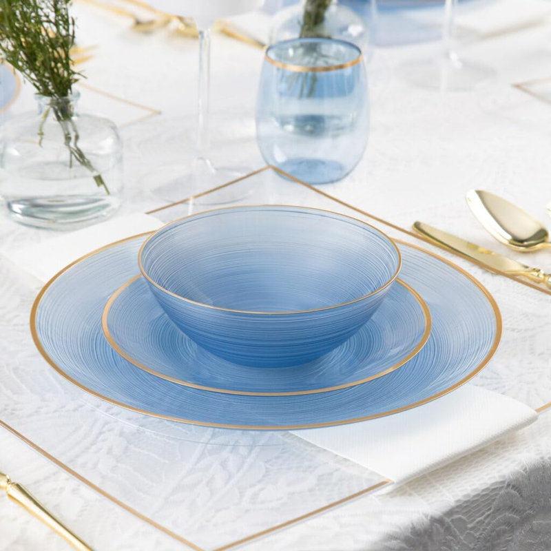 Bols ronds en plastique bleu translucide 12 oz avec bordure dorée 10 invités EcoQuality, 110