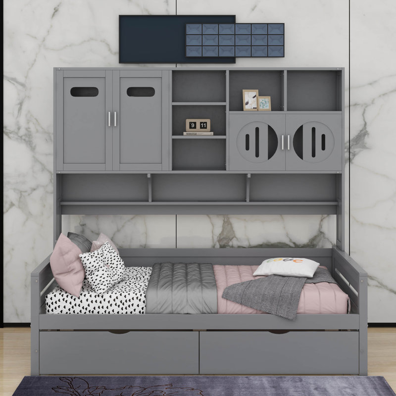 Lit de jour en bois avec tiroirs, Gris, Lit simple