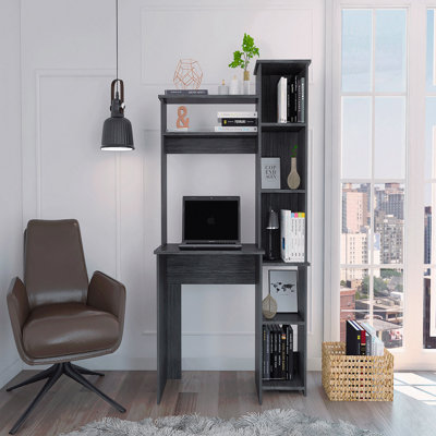 Writing Desk, Smokey Oak with Two Superior Shelves & Five Cubbies