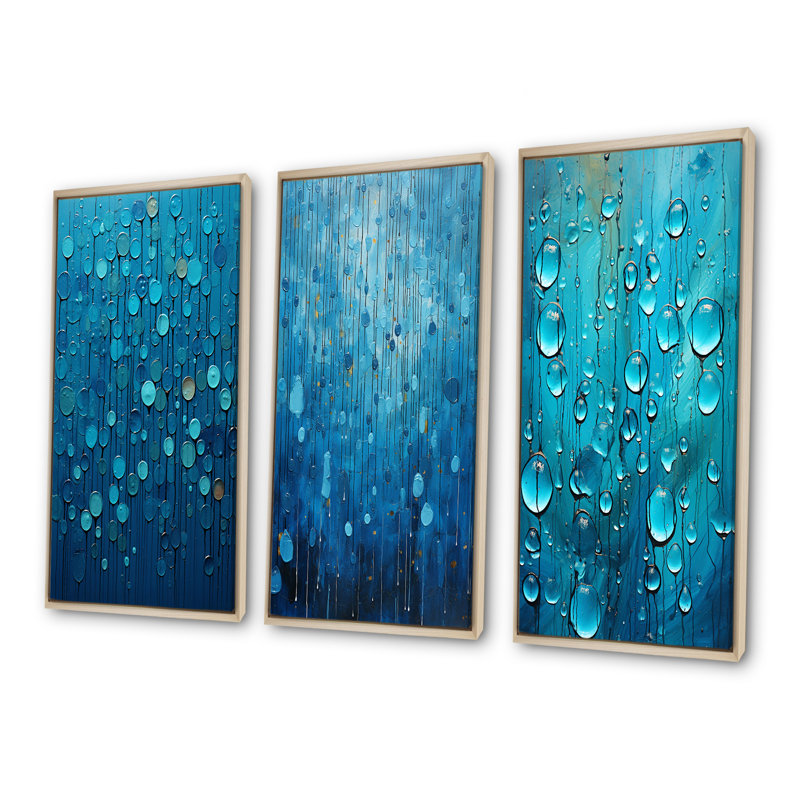 Collage abstrait bleu pluvieux, H 28 po x l 36 po, Cadre flottant brun