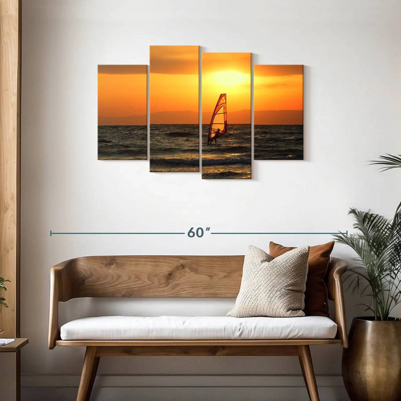 Planche à voile au coucher du soleil, H 27 po x l 43 po