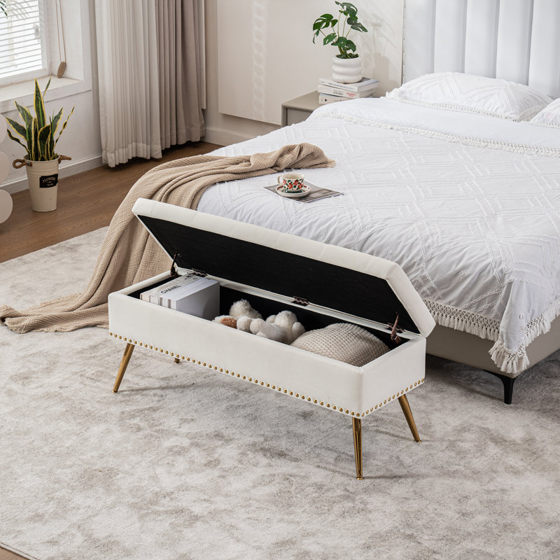 Velvet Storage Bench with Gold Legs Nailhead Trim, Upholstered Bedroom Bench for End of Bed, Ivory, 18" H x 46" W x 15.5" D