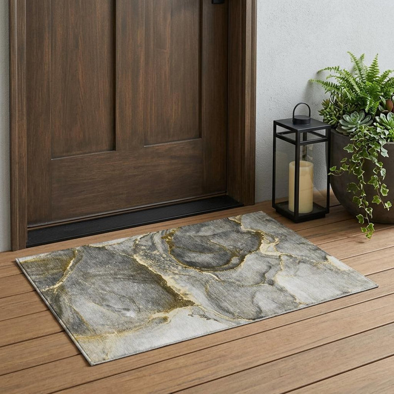 Tapis extérieur lavable antidérapant gris et doré 3 pi x 5 pi