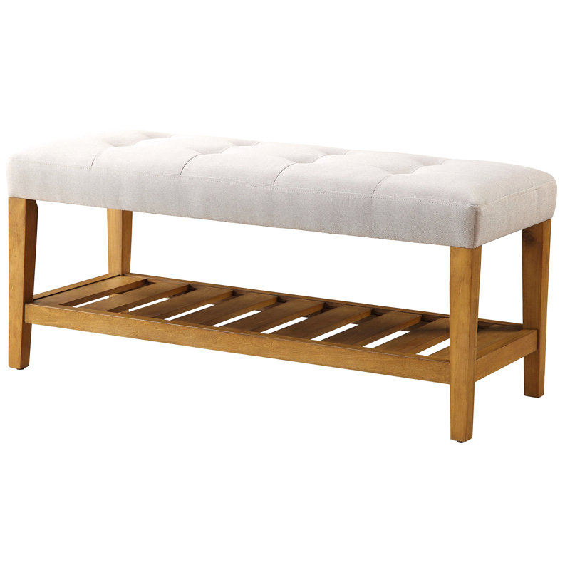 Banc de rangement gris avec assise en bois et chêne