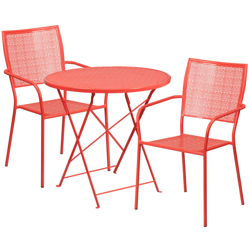Donley 30'' Round Indoor-Outdoor Folding Patio Table Set with 2 Square Back Chairs, Coral