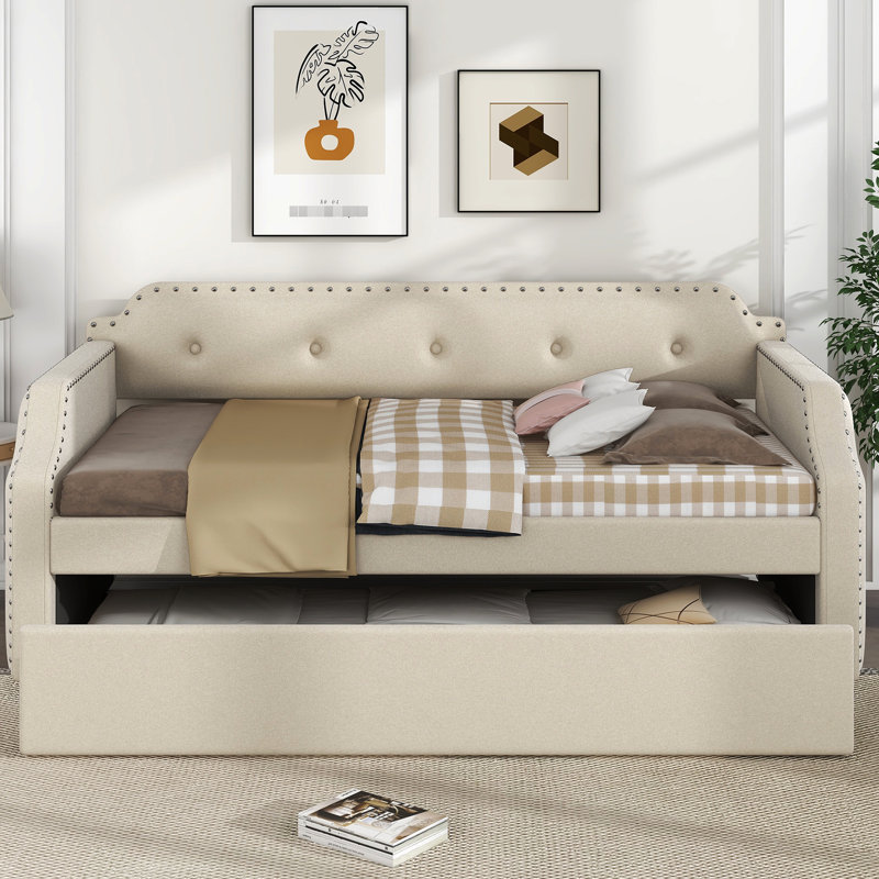 Beige Twin Upholstered Daybed With Trundle And Storage Space Trundle, Padding