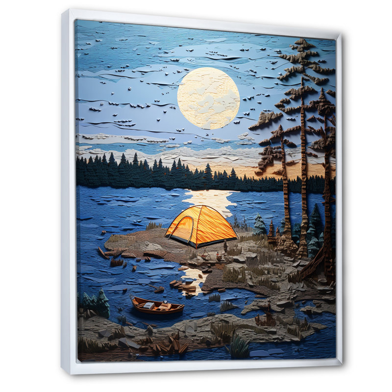 «Camping By The Late» - Art mural de voyage en camping, Cadre flottant blanc, H 40 po x l 30 po x P 1,5 po