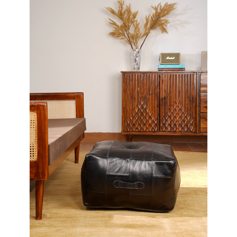 Solid Handmade Buffalo Leather Square Pouf (Recycled Foam With Fibre Fill), Black Genuine Leather, 15" H x 24" W x 26" D
