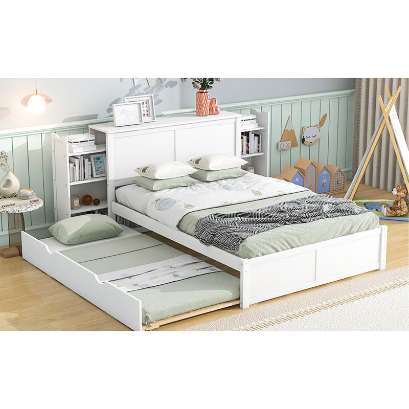 Lit de rangement blanc avec étagères et lit gigogne simple en bois massif pour une chambre soignée