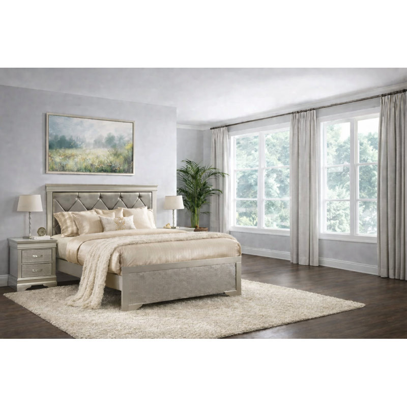 Ensemble de chambre à coucher de luxe à panneau tapissier avec similicuir capitonné en argent, 3 pièces, Très grand lit