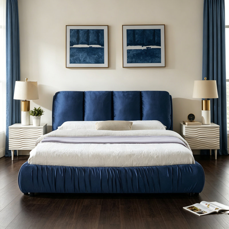 Structure de lit tapissier pour grand lit, style minimaliste moderne avec tête de lit éponge compressée dodue, velours brillant et repose-pieds robuste, matelas non inclus - bleu foncé