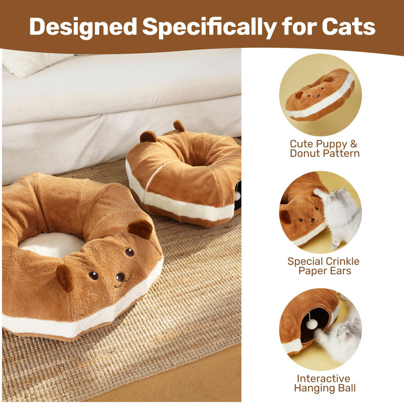 Collapsible Cat Tunnel Bed with Crinkle Ears, Round Toy for Kittens, Rabbits, and Pets