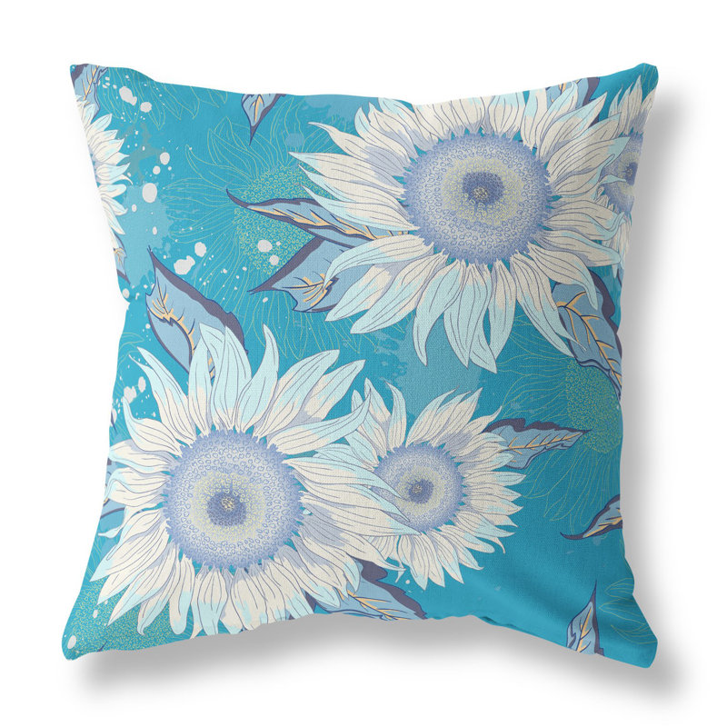 Coussin 26 po x 26 po, Bleu turquoise / blanc floral