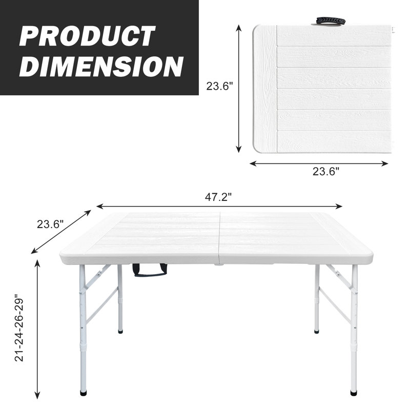 Table pliante blanche à grain de bois de 4 pi, table en plastique portative pour le camping, les pique-niques, les fêtes, la table pliante à port élevé