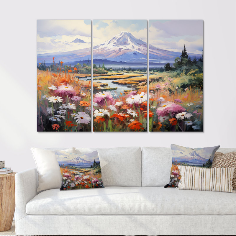 Fleurs saisonnières dans un paysage de montagne - ensemble de reproductions d'art mural, H 32 po x l 48 po x P 1 po
