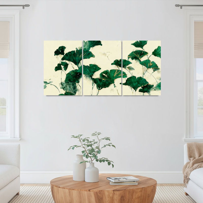 Ensemble de 3 tableaux abstraits sur toile tendue, représentant des feuilles de ginkgo vertes, pour la décoration du salon, de la chambre et de la maison.