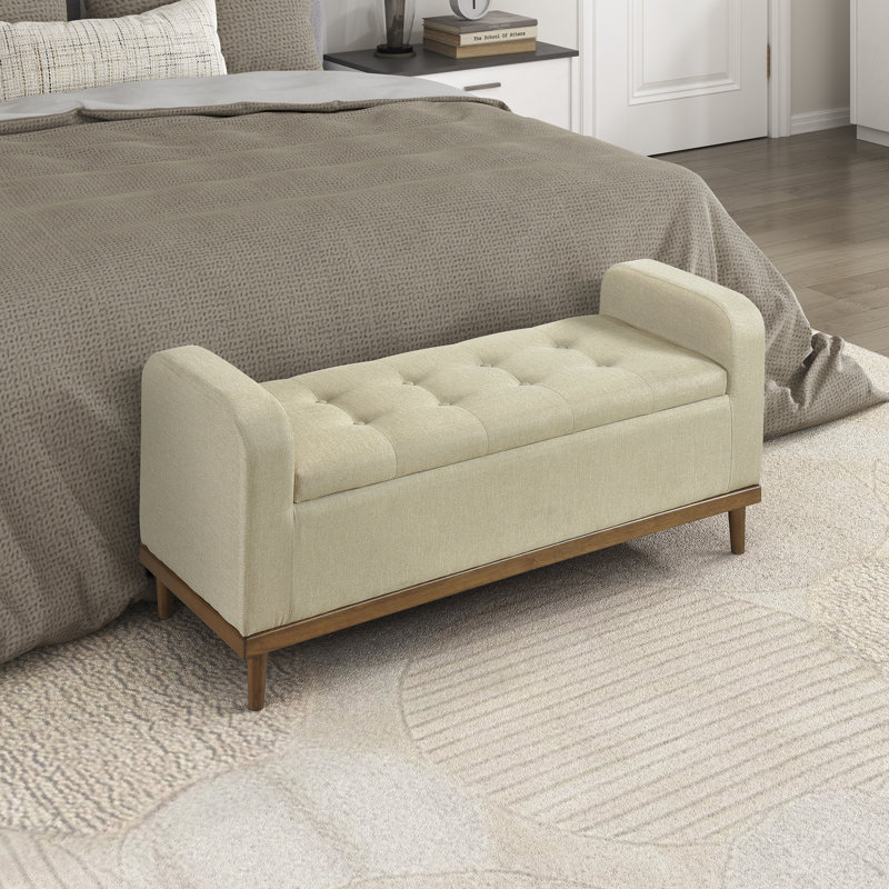 Prea 50" Mid-Century Modern Textured Fabric Lift Top Storage Bench with Interior Storage, Classic Button-Tufted Detail