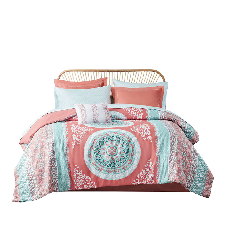 Queen Bedding With Sheets - Medallion Print In Coral, Soft , Coral Comforter Style, 2 Standard Shams, Filling, Coral