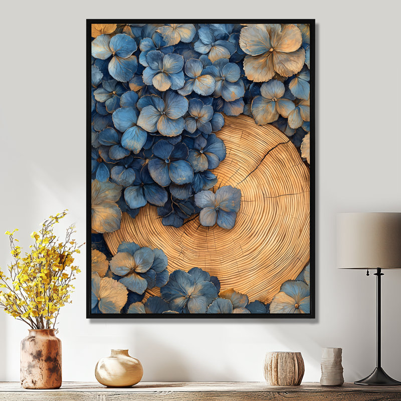 Aquarelle de fleurs d'hortensia sur glissoire en bois I - hydrangées, art sur toile, Noir, Reproduction avec cadre flottant