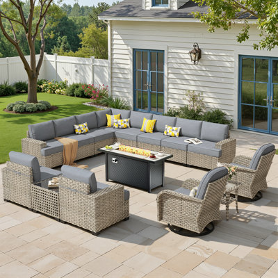 Outdoor 12-Person Rattan Settee Sofa Set, Equipped With A 54-Inch Liquefied Gas Fireplace Table, And Available In Multiple Color Options For The Cushions.