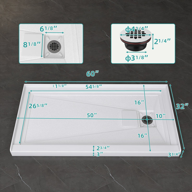Base de douche rectangulaire en alcôve en acrylique 60 po x l 32 po x 60 po, Oui