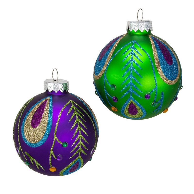 Peacock Green and Purple Glass Ball Ornament Set of 6