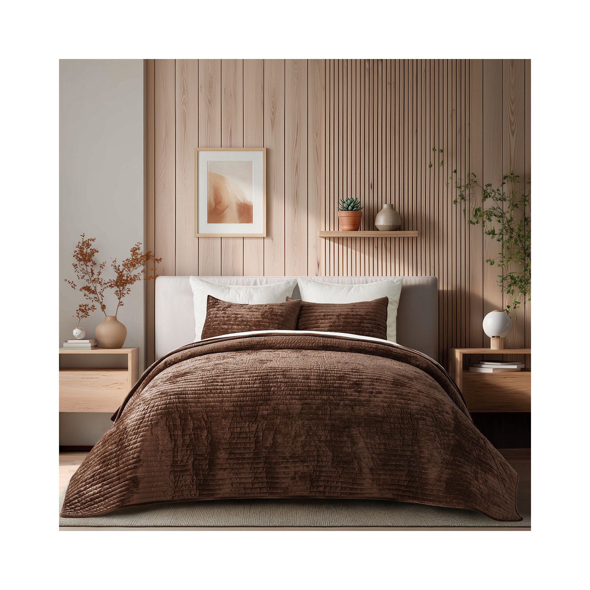 Striped Channel Velvet Quilt Set, Rust Brown, Queen