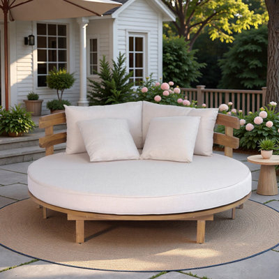 Lit de jour rond 59 po en bois d'acacia avec coussins et 4 coussins