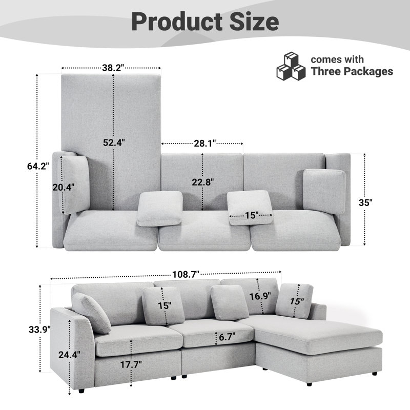 Doyle 2 - Piece 108.7" Upholstered L Shape Sofa With Convertible Chaise, Light Gray
