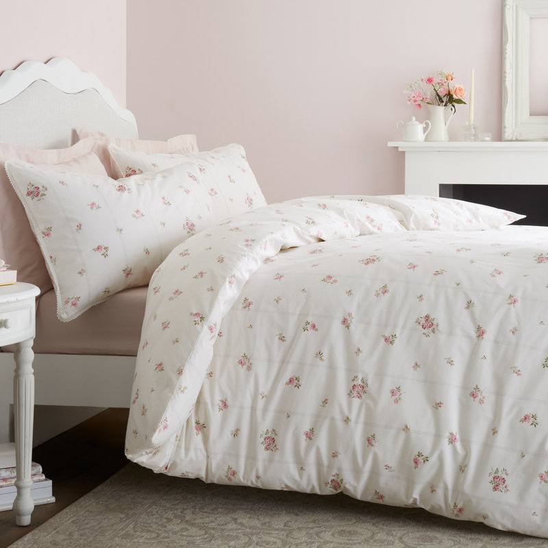 Vintage Rosebud Lace 200 Thread Count Cotton Reversible Duvet Cover Set, Single, Cream