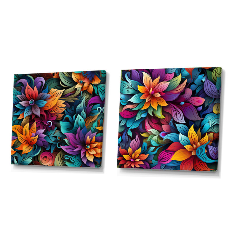 Vibrant Mandala Motif Boho III - Ensemble de 2 collages floraux et botaniques carrés, Toile tendue, H 16 po x l 33 po