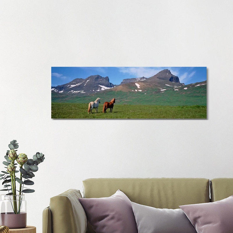 Horses Standing And Grazing In A Meadow, Borgarfjordur, Iceland #3 - Wrapped Canvas Panoramic Print