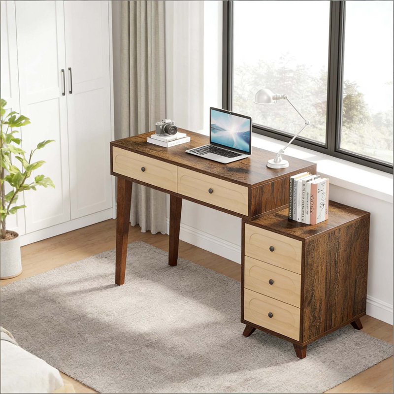 Bureau d'ordinateur compact avec rangement à 5 tiroirs, conception réglable et style rétro pour les espaces de travail modernes