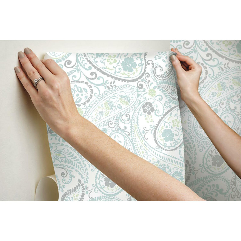 Rouleau de papier peint adhésif autocollant l 18,86 pi x l 18 po prince Leore, Gris / bleu sarcelle
