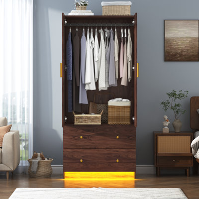 Modern 2-Door Wardrobe With Mirror, 2 Drawers & Rgb Led Lights, Hanging Rod Closet For Bedroom Storage