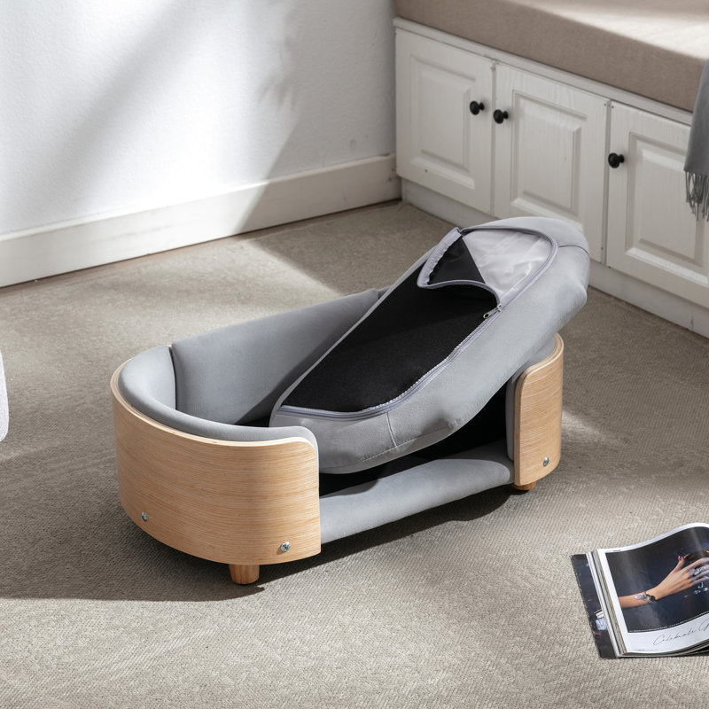 Lit pour chien surélevé de style scandinave Gaidis pour animaux de compagnie de petite et moyenne taille, avec pieds en bois massif, dossier courbé, coussin en velours amovible, matériau respirant, mousse rebondie