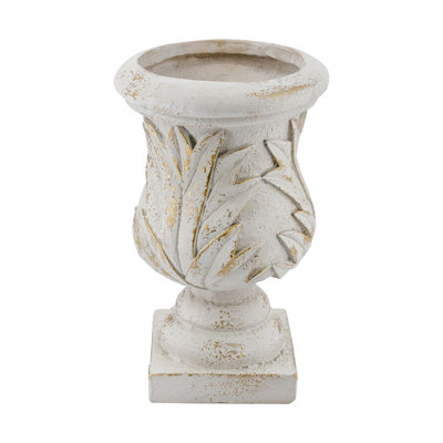 10.2X10.2X16.9" Ornate Magnesium Urn Planter With Antique White Finish And Carved Leaf Details